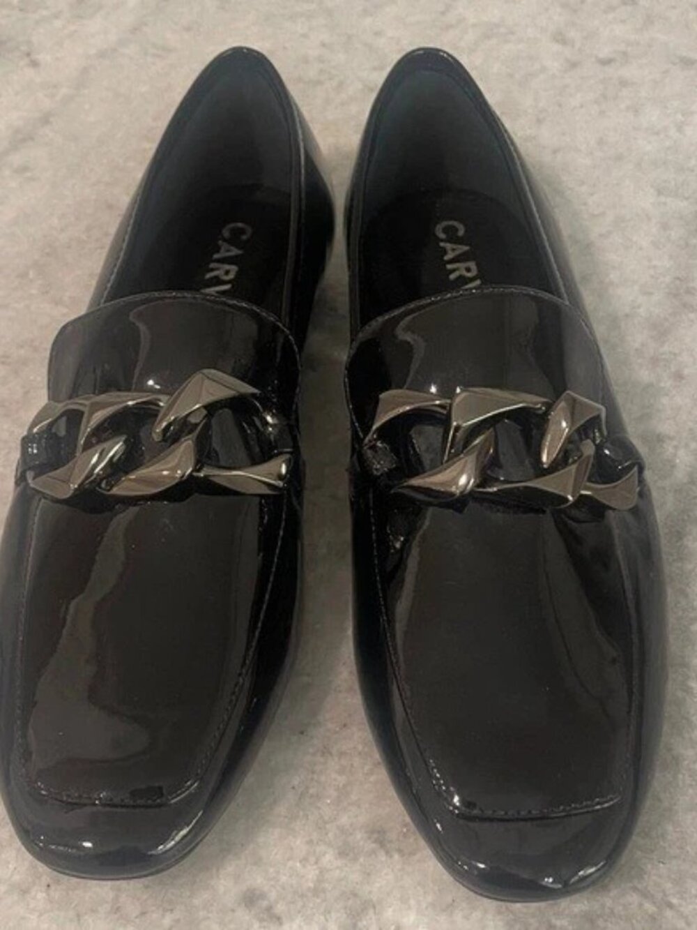 Carvela Flats Womens 9 Black Leather Loafers Chain Made in Brazil Slip On Shoes